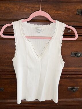 Molly Bracken Cream Ribbed Scallop-Edge Tank Top